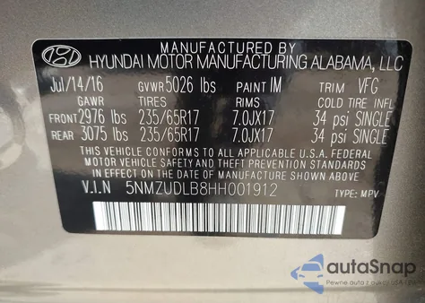 2017 Hyundai Santa Fe Sport 2.4L z USA, uszkodzony, nr VIN 5NMZUDLB8HH001912